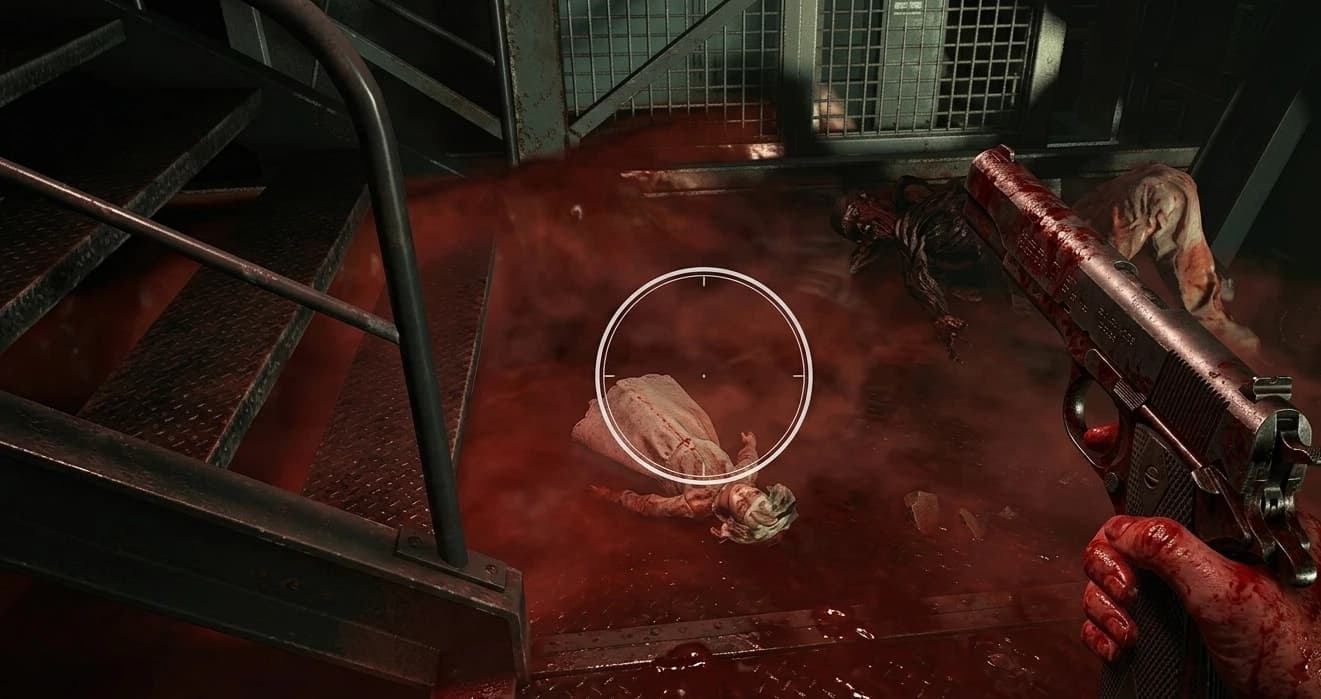 Blood-flooded staircase during self-destruct sequence in Resident Evil Requiem